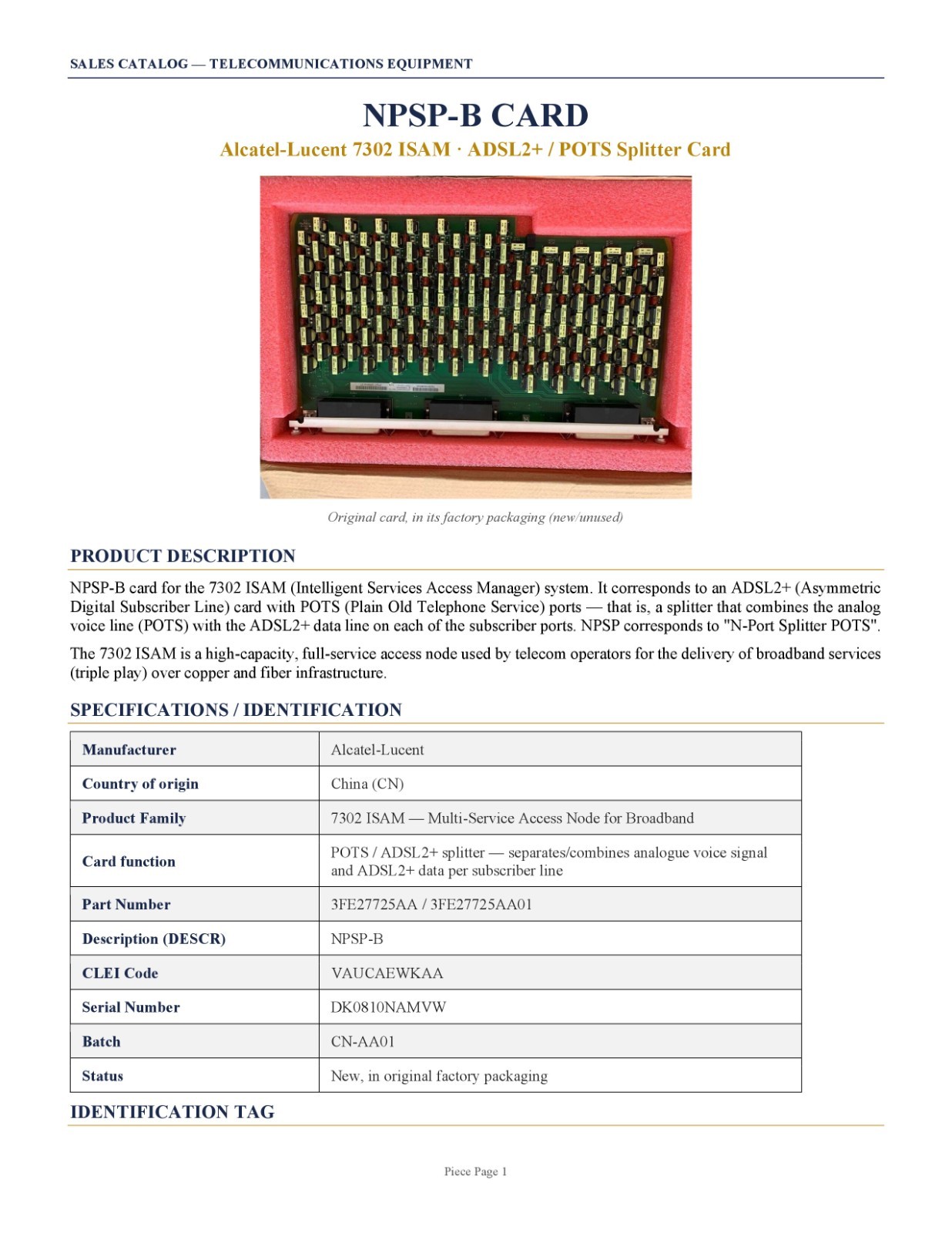 Alcatel-Lucent 7302 ISAM · ADSL2+ / POTS Splitter Card