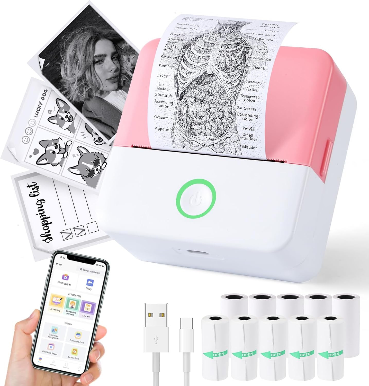 Mini Sticker Printer, X6 Print Pod with 10 Rolls Thermal Paper