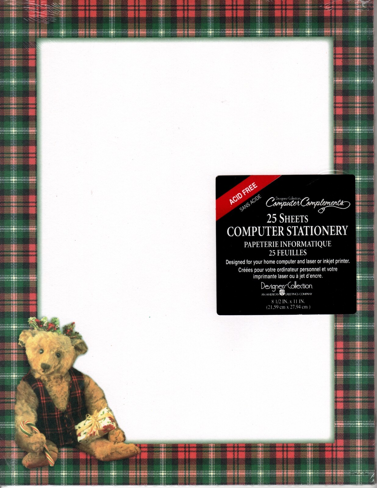 Brown Teddy Bear Christmas Holiday Plaid Computer Letter Paper - 25 Sheets