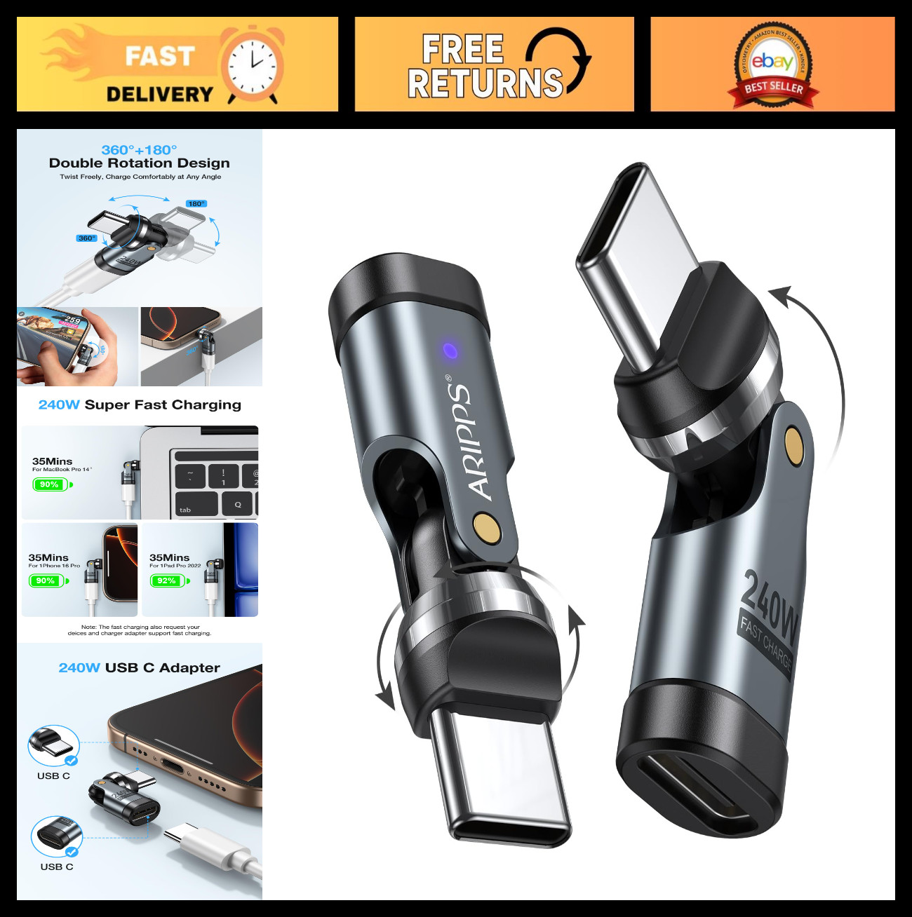 USB C Adapter 2-Pack, 240W PD Right Angle Type C Adapters for Phone, Laptop, Tab