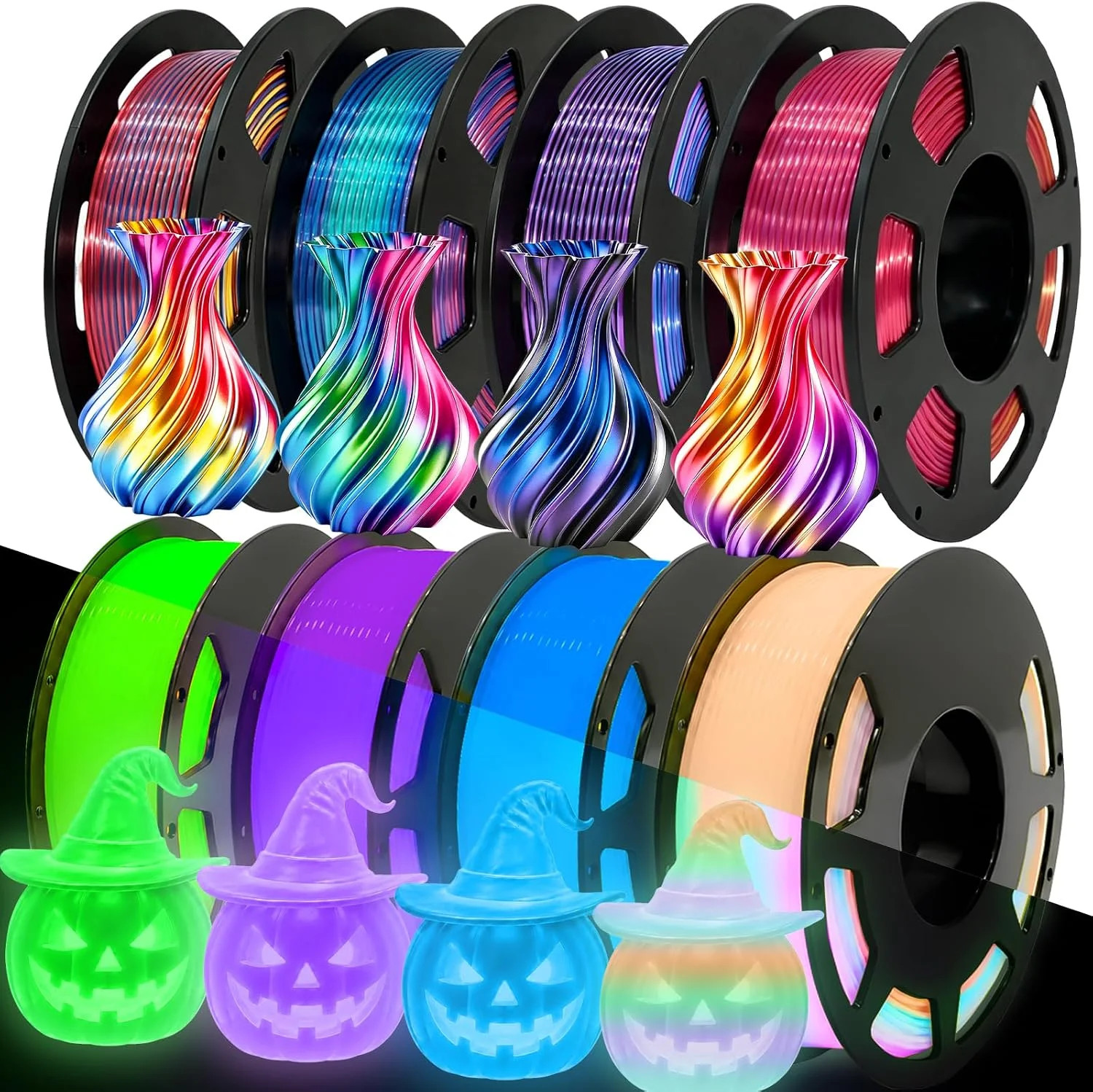8P Multicolor Glow in the Dark PLA+ & Tricolor Silk Filament 1.75mm