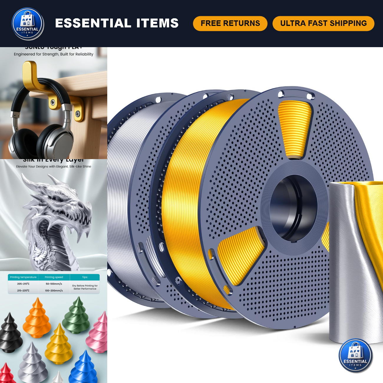 Silk PLA+ Filament 1.75mm, Glossy Finish, Smooth Texture, 2kg for 3D Printing