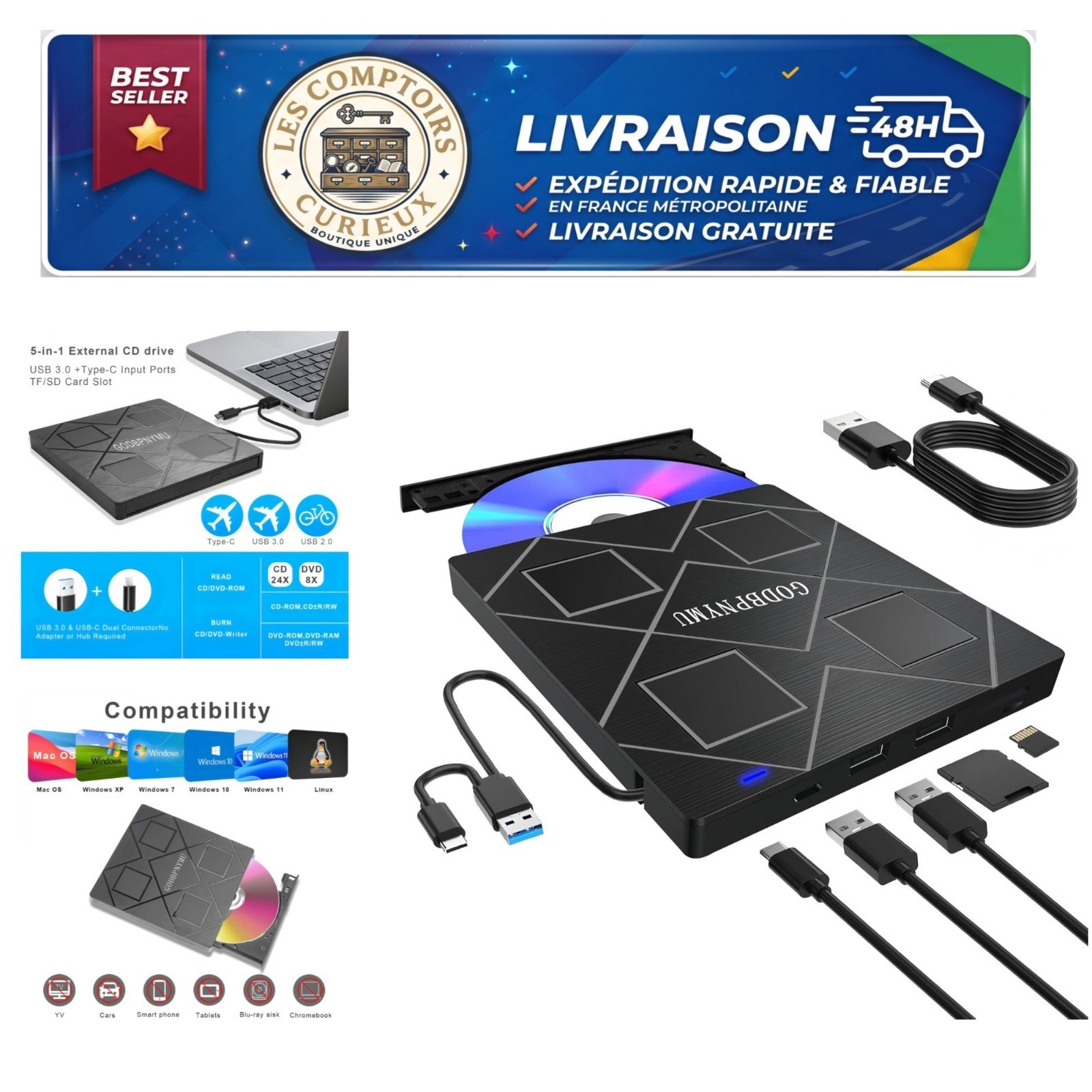 External USB CD DVD Burner USB-C SD TF Card Reader GODBPNYMU BT520
