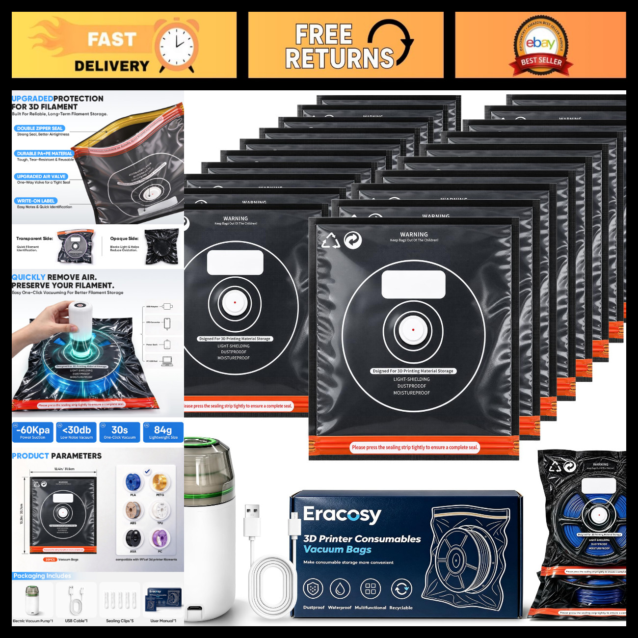 30 Pack 3D Printer Filament Storage Bags with USB Vacuum Pump - Airtight Sealing
