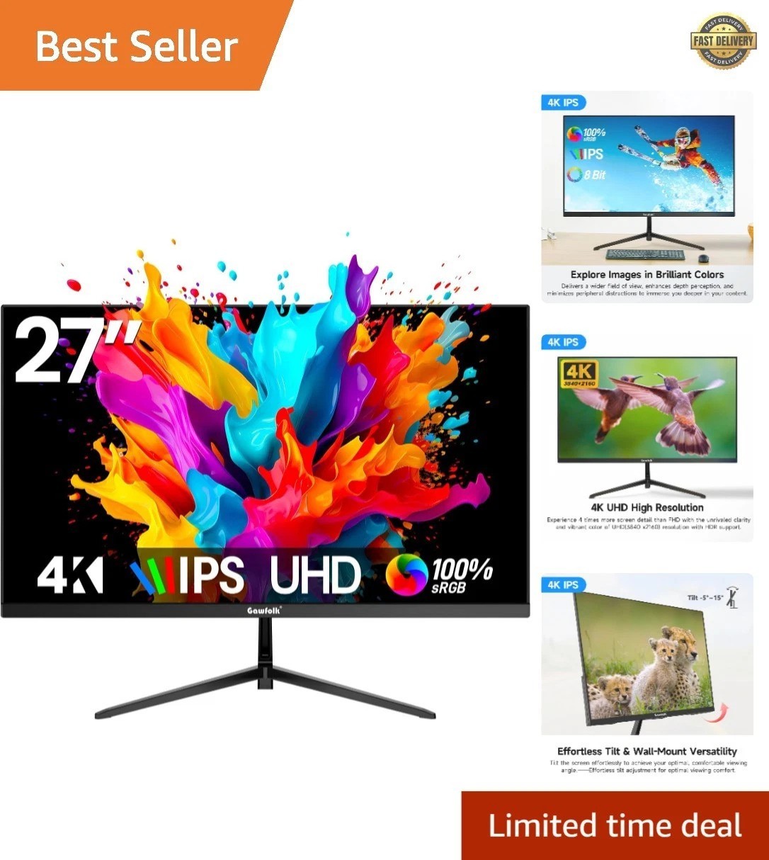 27 Inch Frameless 4K UHD Monitor - 178° Viewing Angle, Ideal for Home & Office