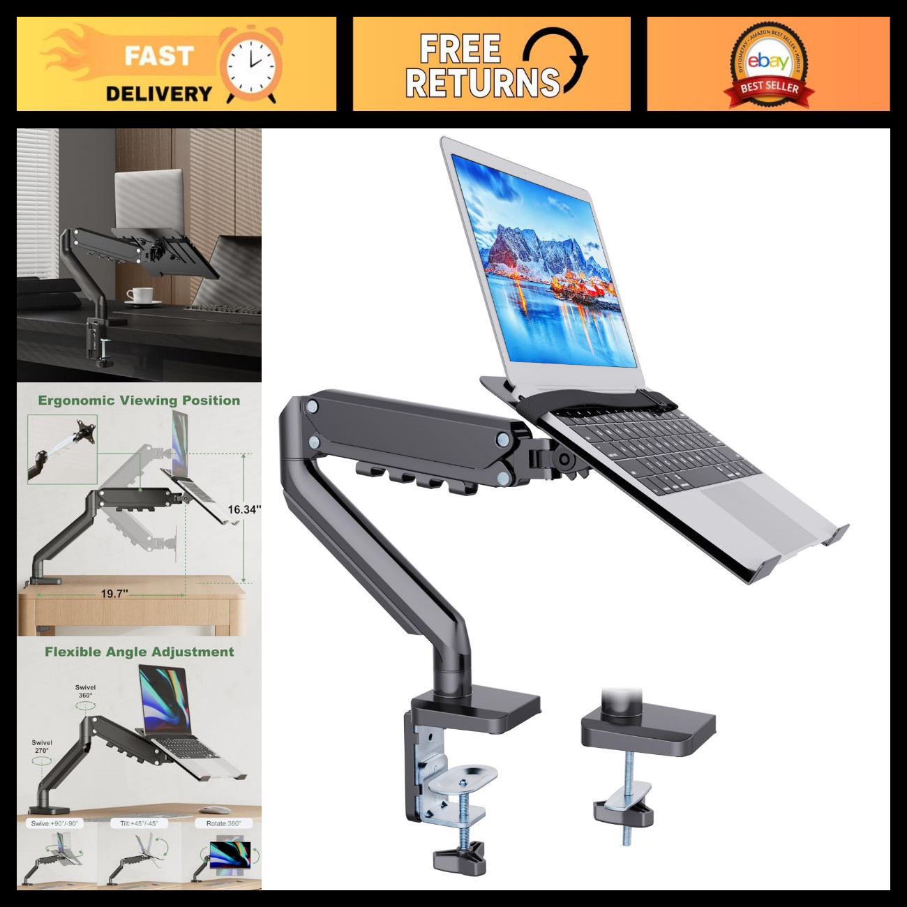 2-in-1 Gas Spring Laptop Desk Mount for 12"-17" Laptops & 13"-32" Monitors