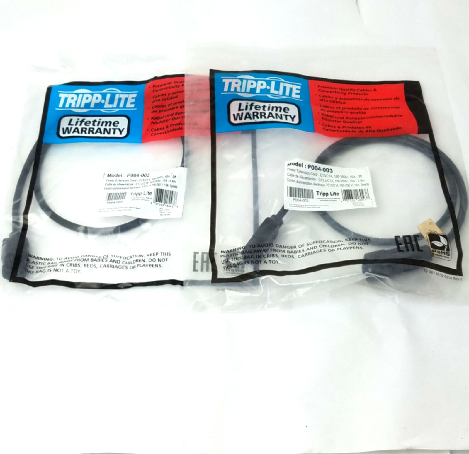LOT of 2 TRIPP LITE P004-003 Premium Power Extention Cord 3 Foot 18 AWG 100-250V