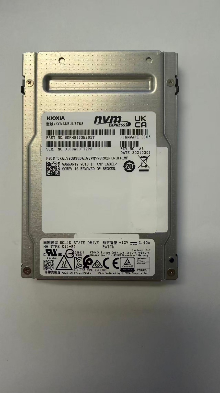 KCM6DRUL7T68 KIOXIA CD6 7.68TB SSD 2.5" U.2 NVME PCIe4.0×4 SSD SDFHS43GEB02T