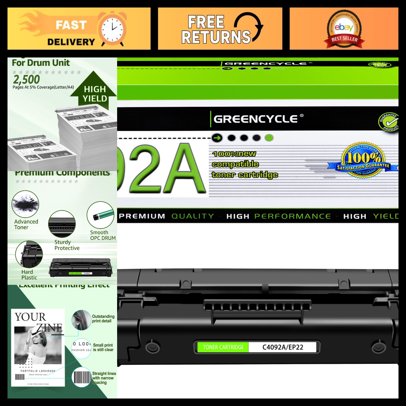 92A Toner Cartridge 1PK Compatible for HP LaserJet 1100 3200, High Yield