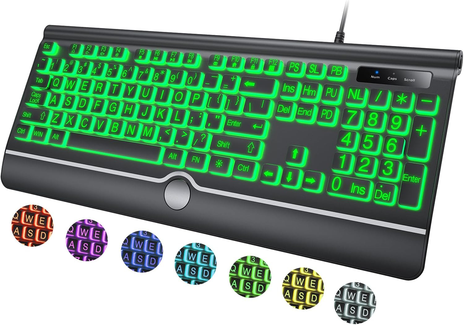 Large Print Backlit Computer Keyboard, 7-Color Backlit Keyboard with Wrist