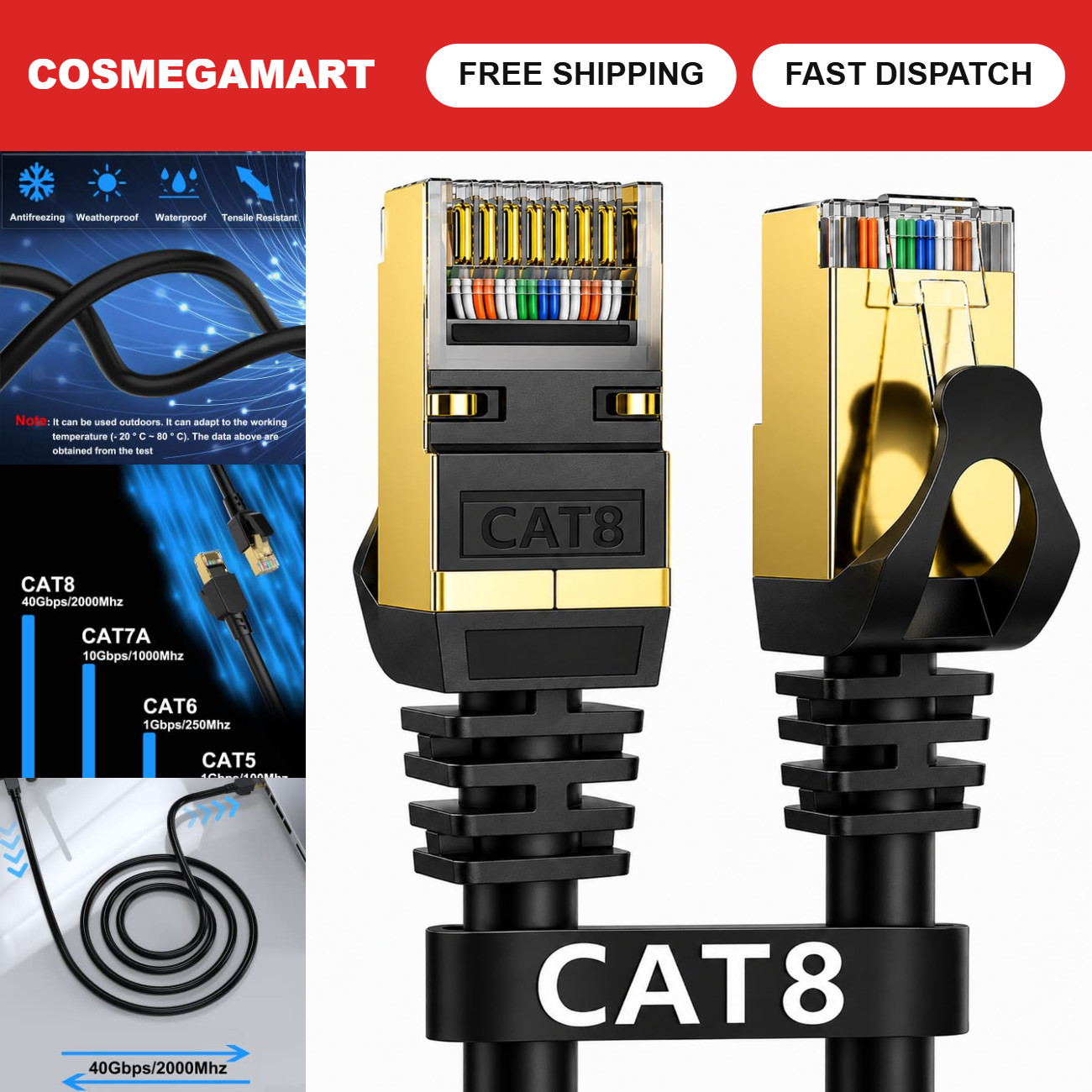 High-Speed Cat 8 Ethernet Cable 150FT, 40Gbps, 2000MHz for Gaming & Streaming