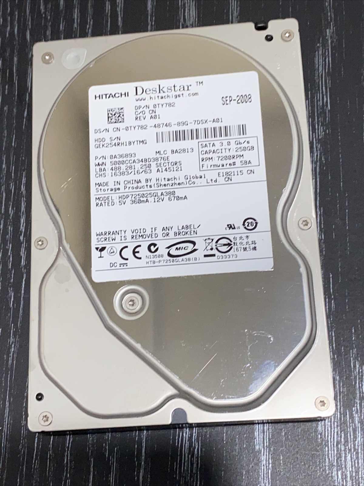 HITACHI DESKSTAR HDP725025GLA380 250GB SATA HDD 3.5" PN: 0A36893  MLC: BA2813 