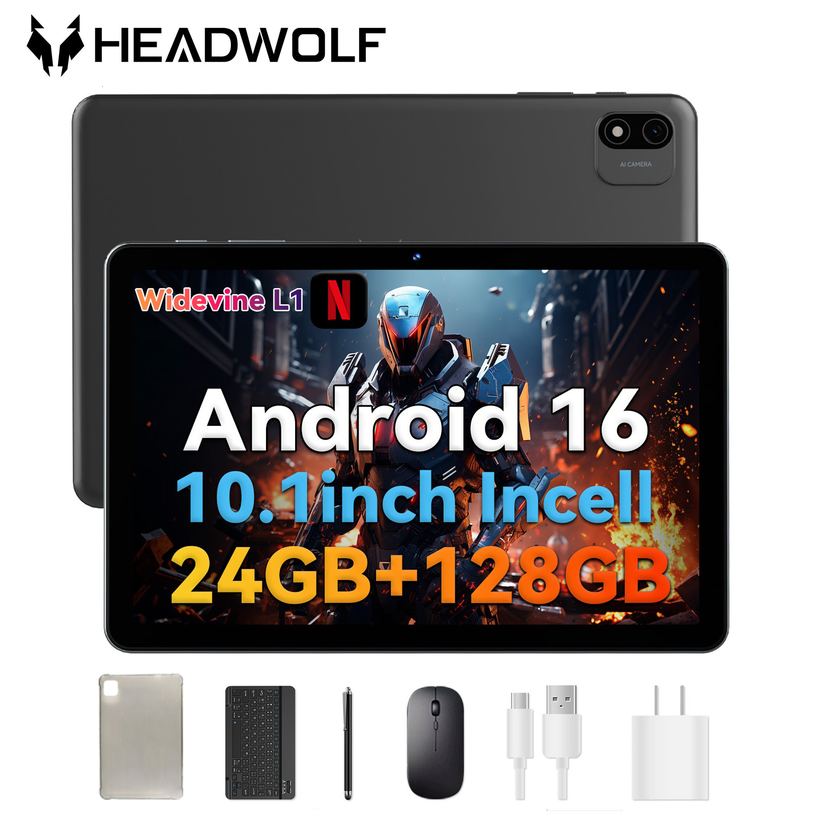 Headwolf Android 16 Tablet 10.1 inch WiFi FHD Display Tablets PC 128GB Octa-Core