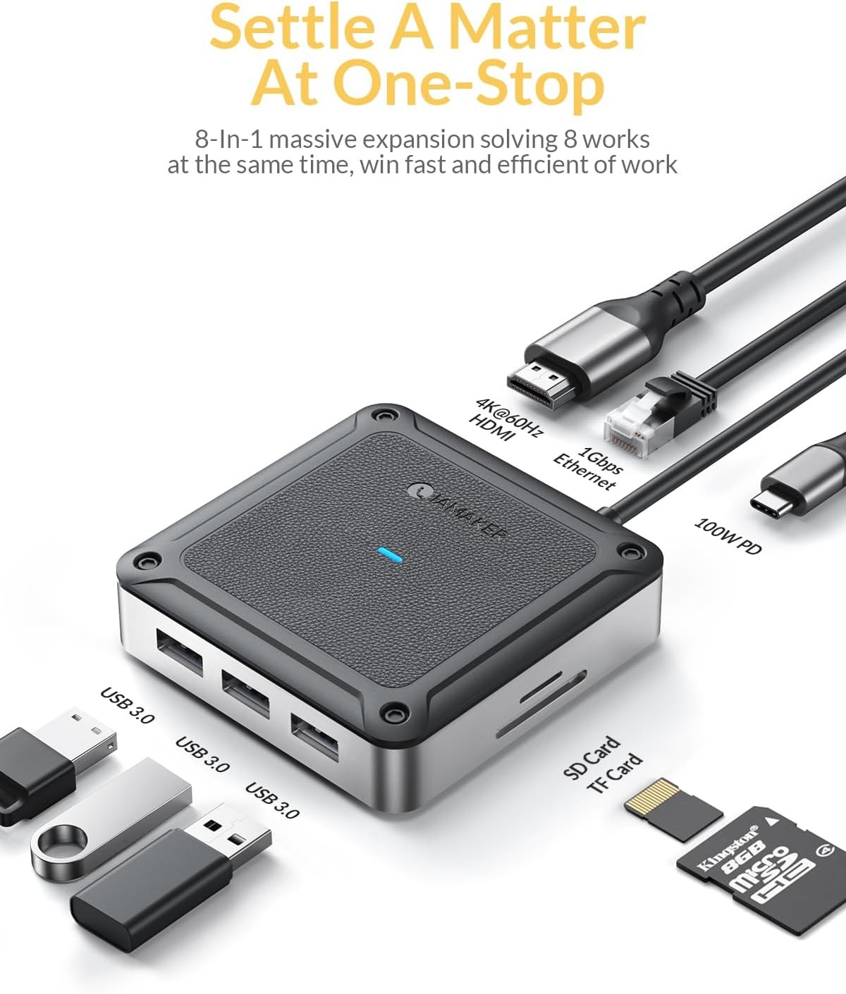 6  8 Port USB C Hub PD Ethernet Hub With 4K@60Hz HDMI Port SD and TF Card Reader