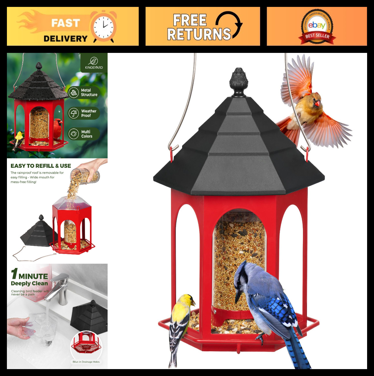 Metal Bird Feeder for Outdoors - Hanging Seed Feeder for Garden, Easy to Fill &