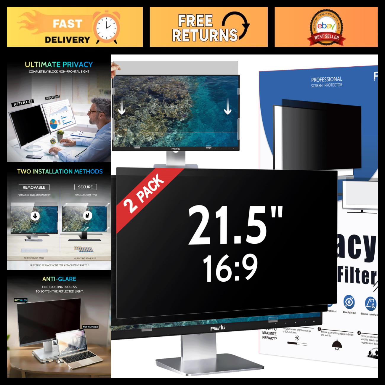 2-Pack 21.5" Privacy Screen Filter for Computer Monitor - 16:9 Aspect Ratio, WxH