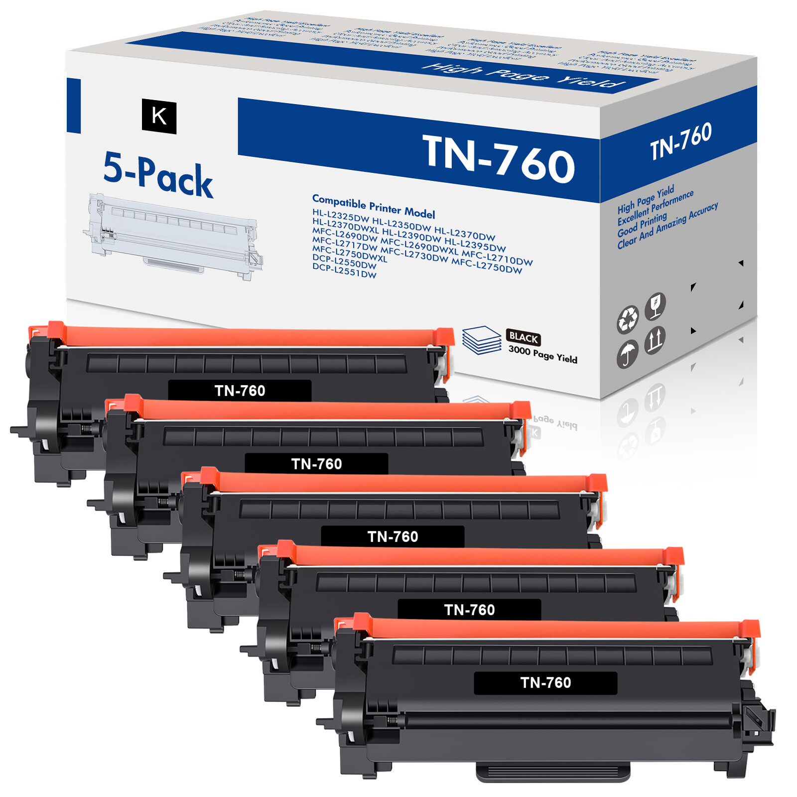 5x Compatible With Brother TN760 Toner Cartridge DCP-L2550DW HL-L2370DWX Printer