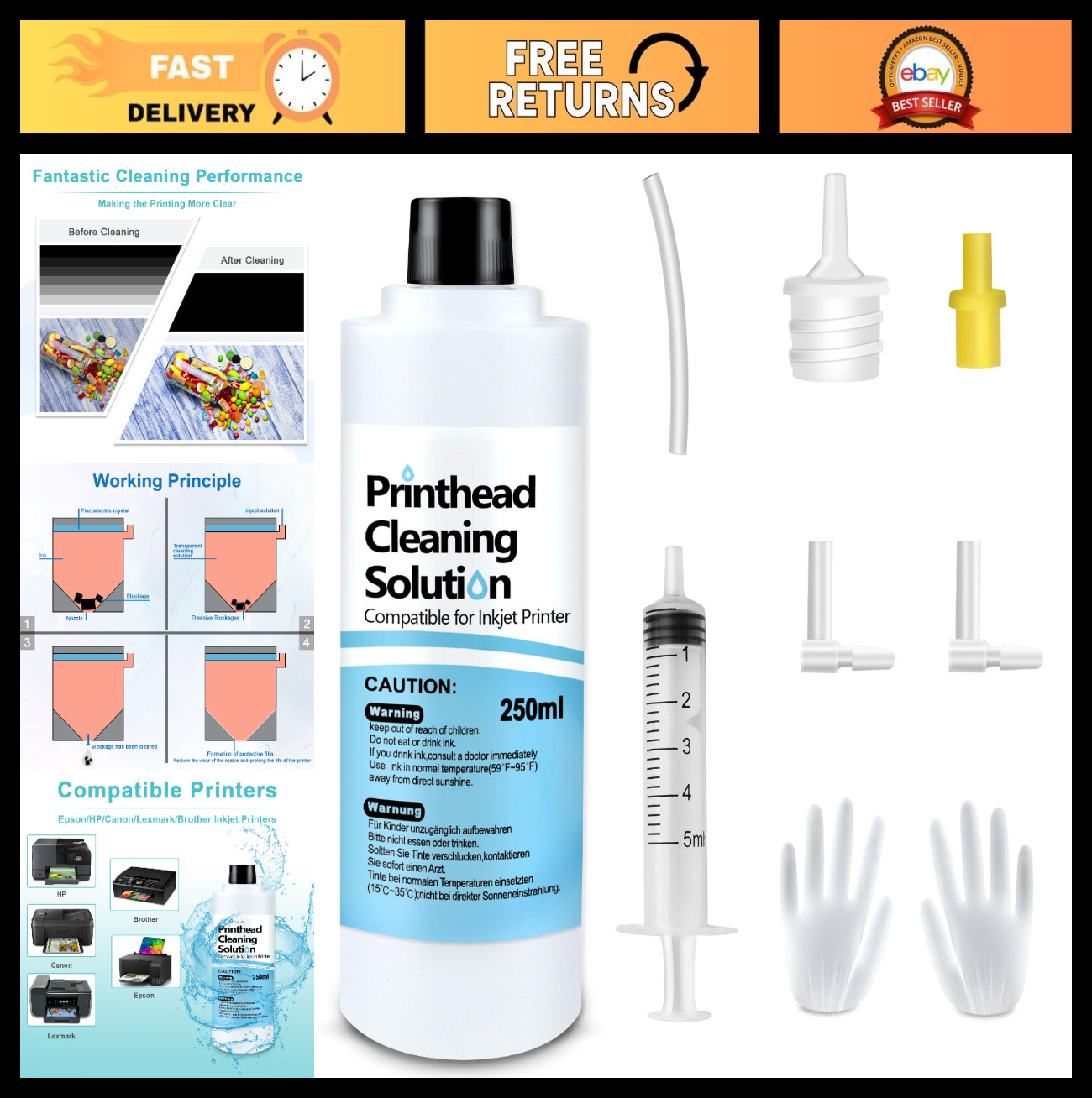 250mL Printhead Cleaning Kit for Inkjet Printers - HP, Canon, Brother & More