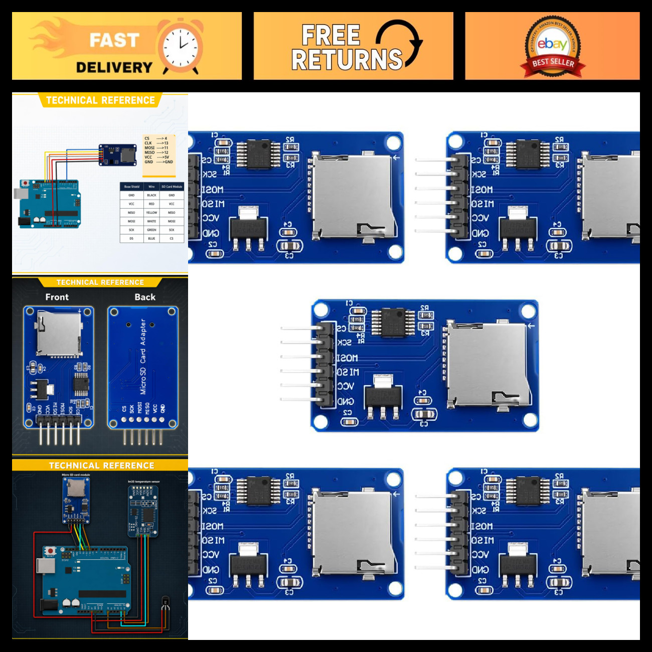 5-Pack Micro SD TF Card Reader Module, SPI Interface, High-Speed Data Transfer