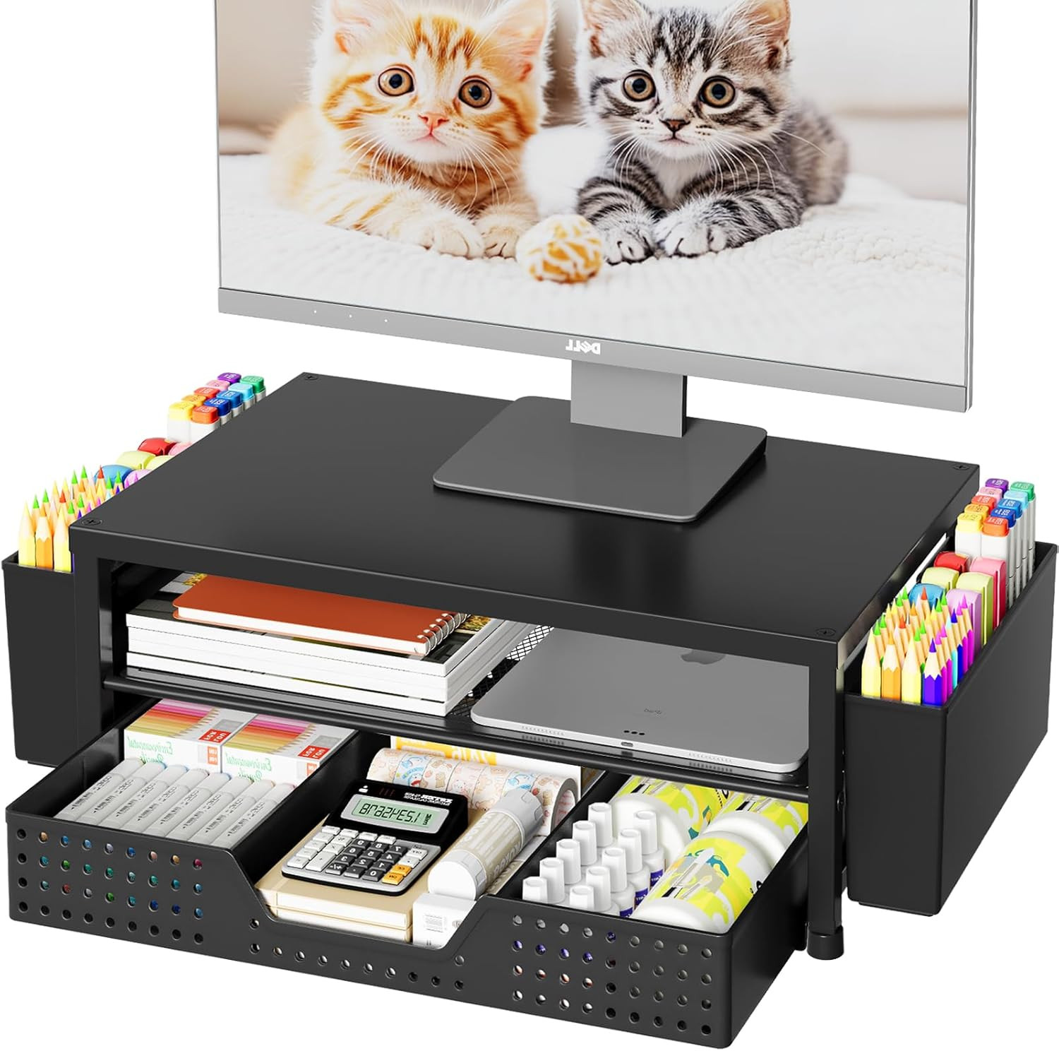 Desk Organizer, 2-Tier Computer Monitor Stand Riser with Drawer and 2 Pen Holder