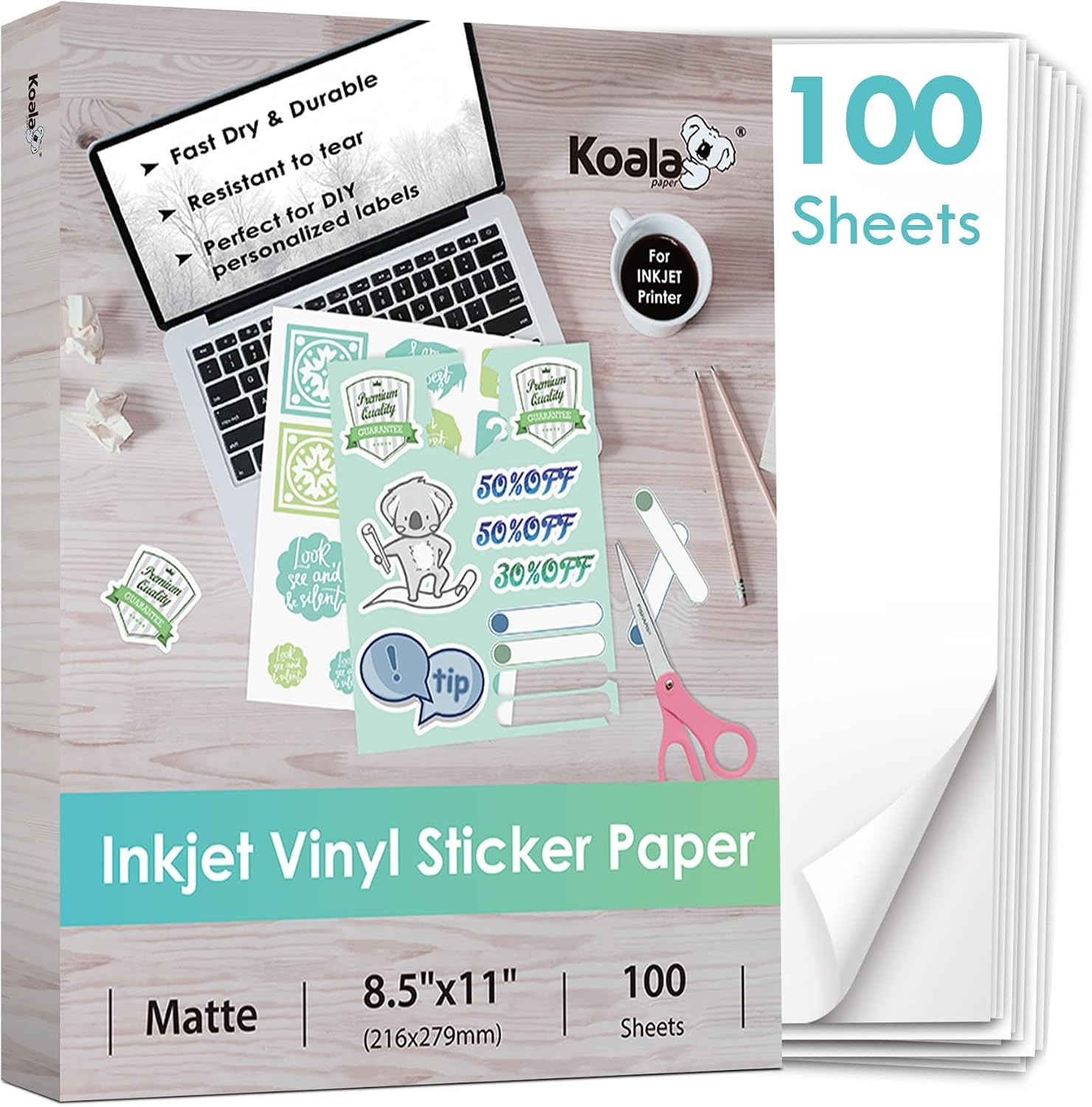 Koala Matte Vinyl Sticker Paper for Inkjet Printer, 100 Sheets A4 Size