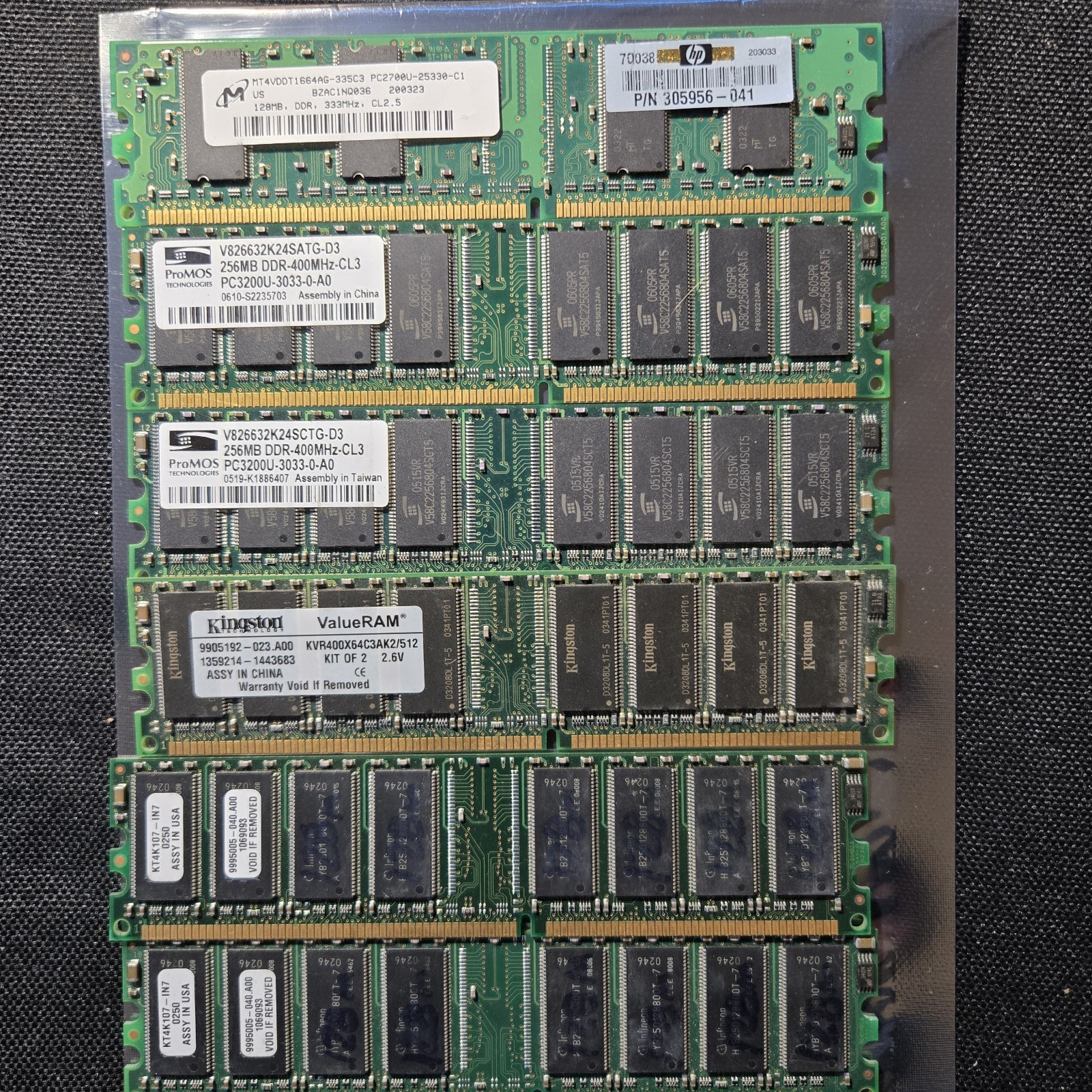Lot of 6 DDR Desktop RAM 184-Pin PC3200 PC2700 Kingston ProMOS Micron HP 256MB