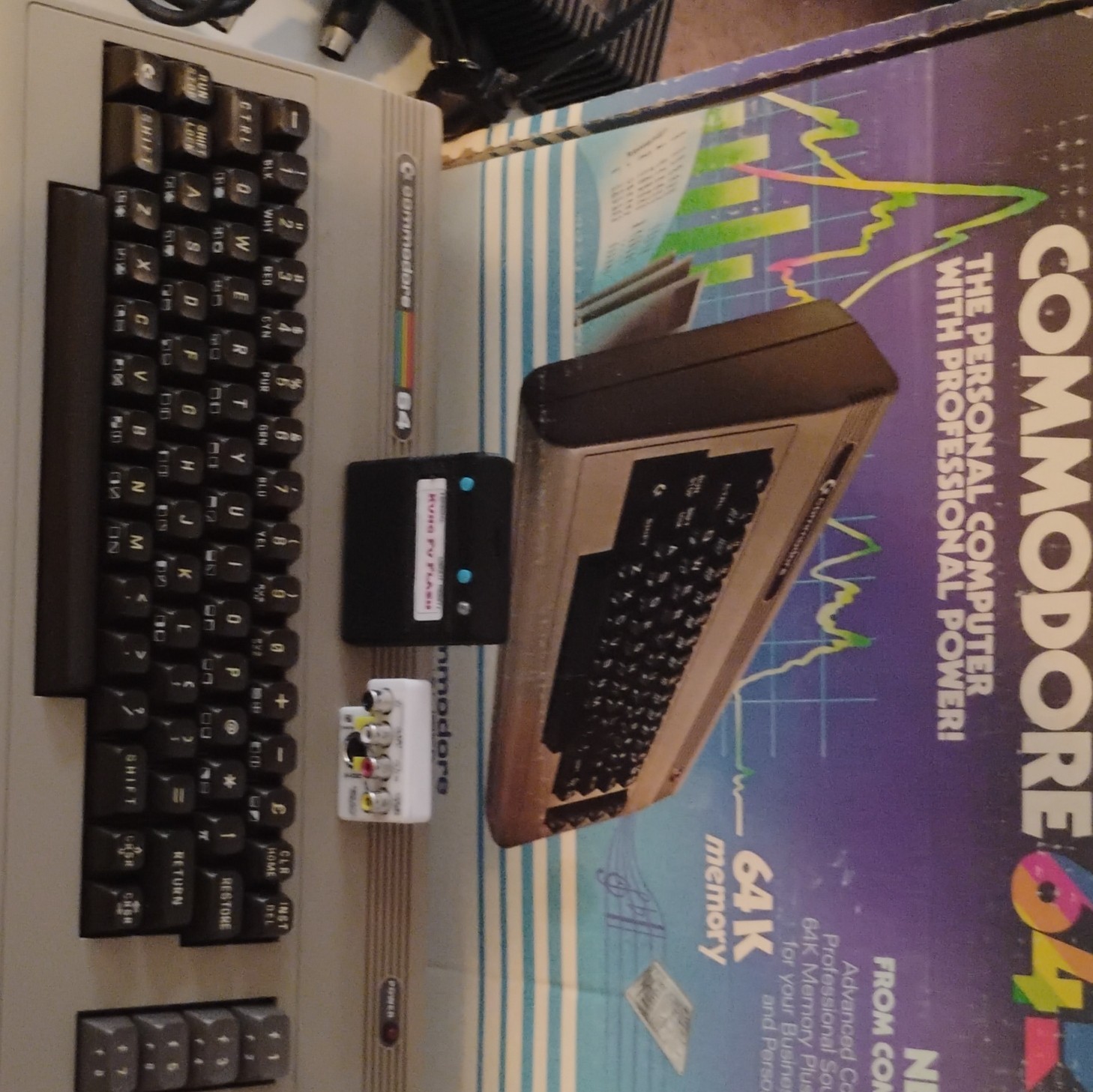 Commodore 64  in Original Box with New Power Supply, Kung Fu Flash, A/V Adapter