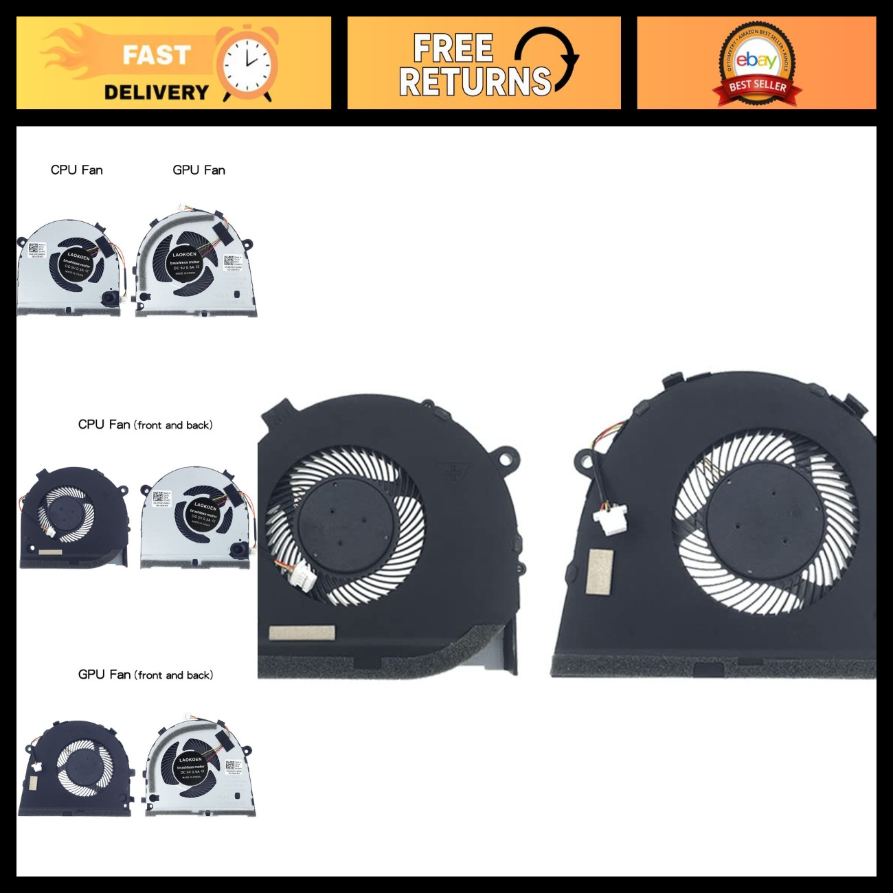Replacement Cooling Fans for Gaming Laptop CPU & GPU - Dell G3 3579, 4-Pin, 5V