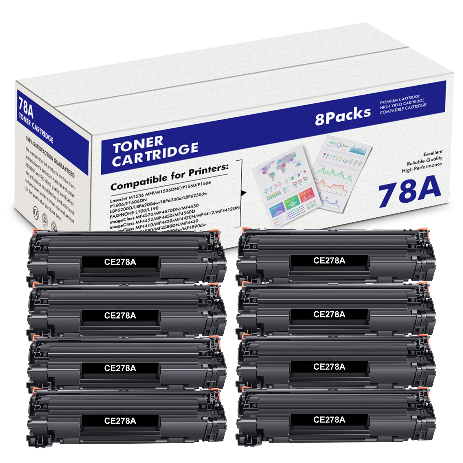 8x CE278A Toner Cartridge For HP LaserJet Pro 78A P1566 P1600 P1606dn M1536dnf