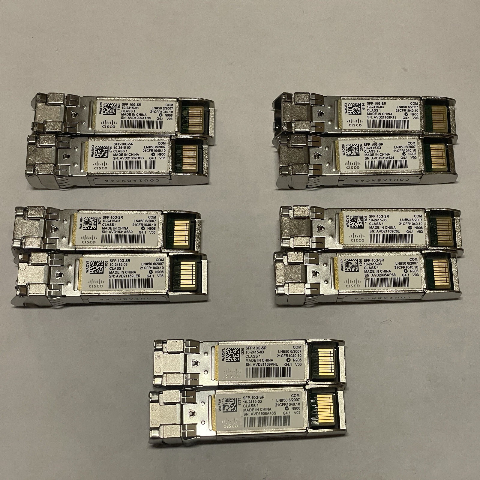 Cisco SFP-10G-SR 10Gb Fiber Transceiver Modules - Untested - Lot of 10