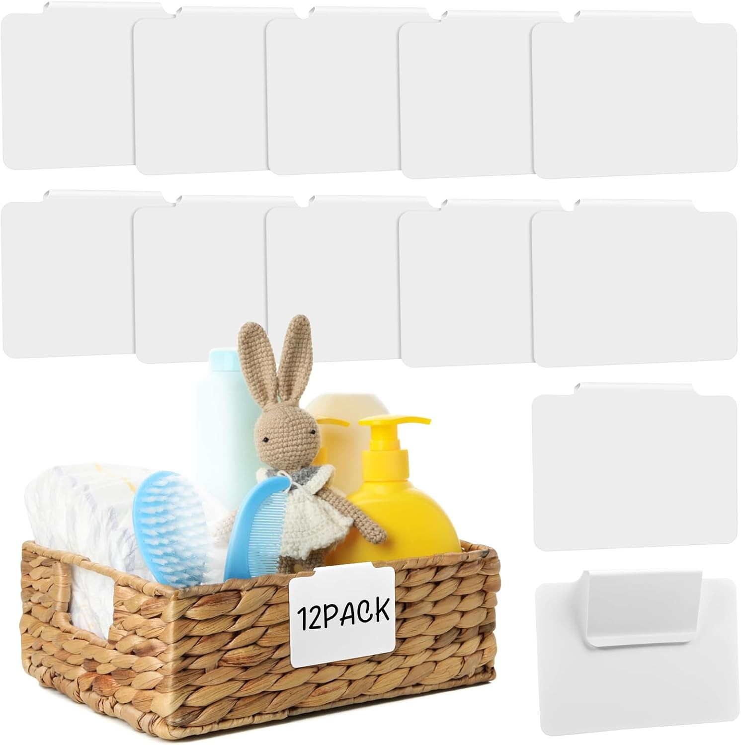 12pcs White Basket Labels Removable PVC Labels | Clip On for Storage Bins,