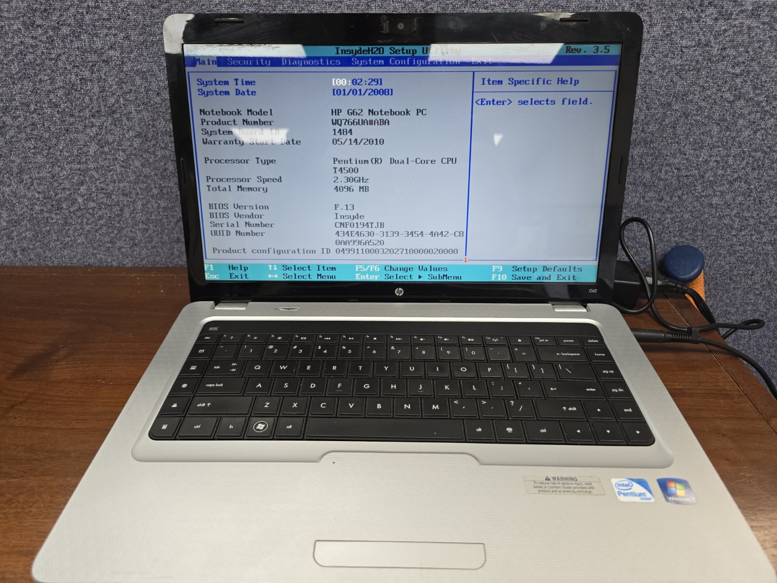 HP Pavilion G62-228CL laptop 4GB RAM - NO HARD DRIVE/CMOS BAT DEAD PARTS ONLY