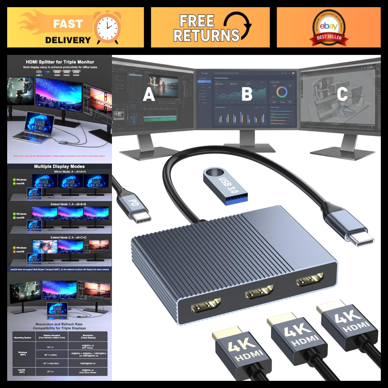 USB C to 3 HDMI Adapter, 4K@60Hz Triple Monitor Docking Station, PD 100W, USB 3.