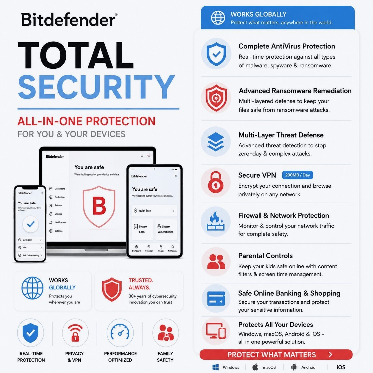 Bitdefender Total Security 2026 3 Years 1 To 15 Devices + Daily VPN