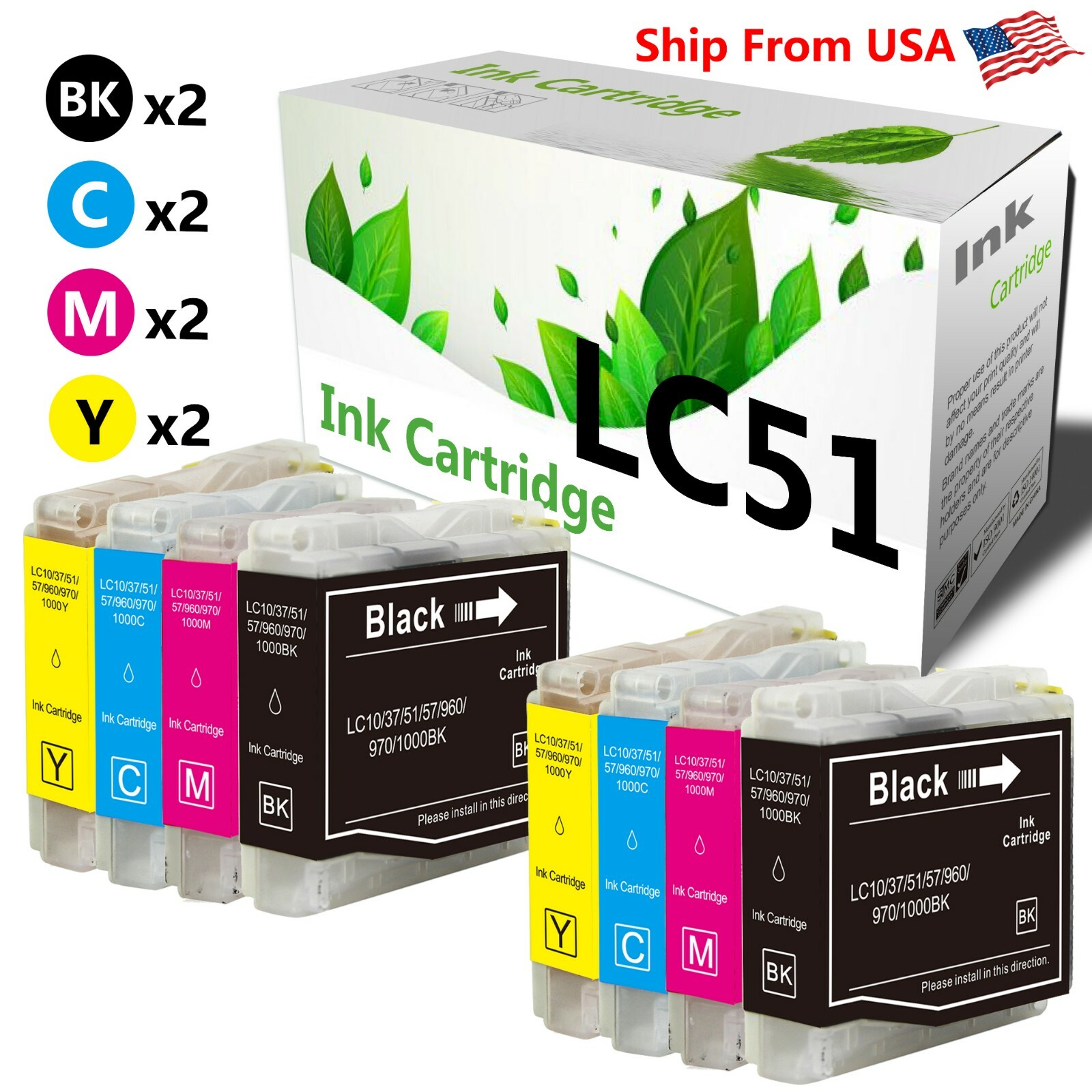 8PacK LC51 LC-51 Ink Cartridge for DCP-130C MFC-665CW Printer