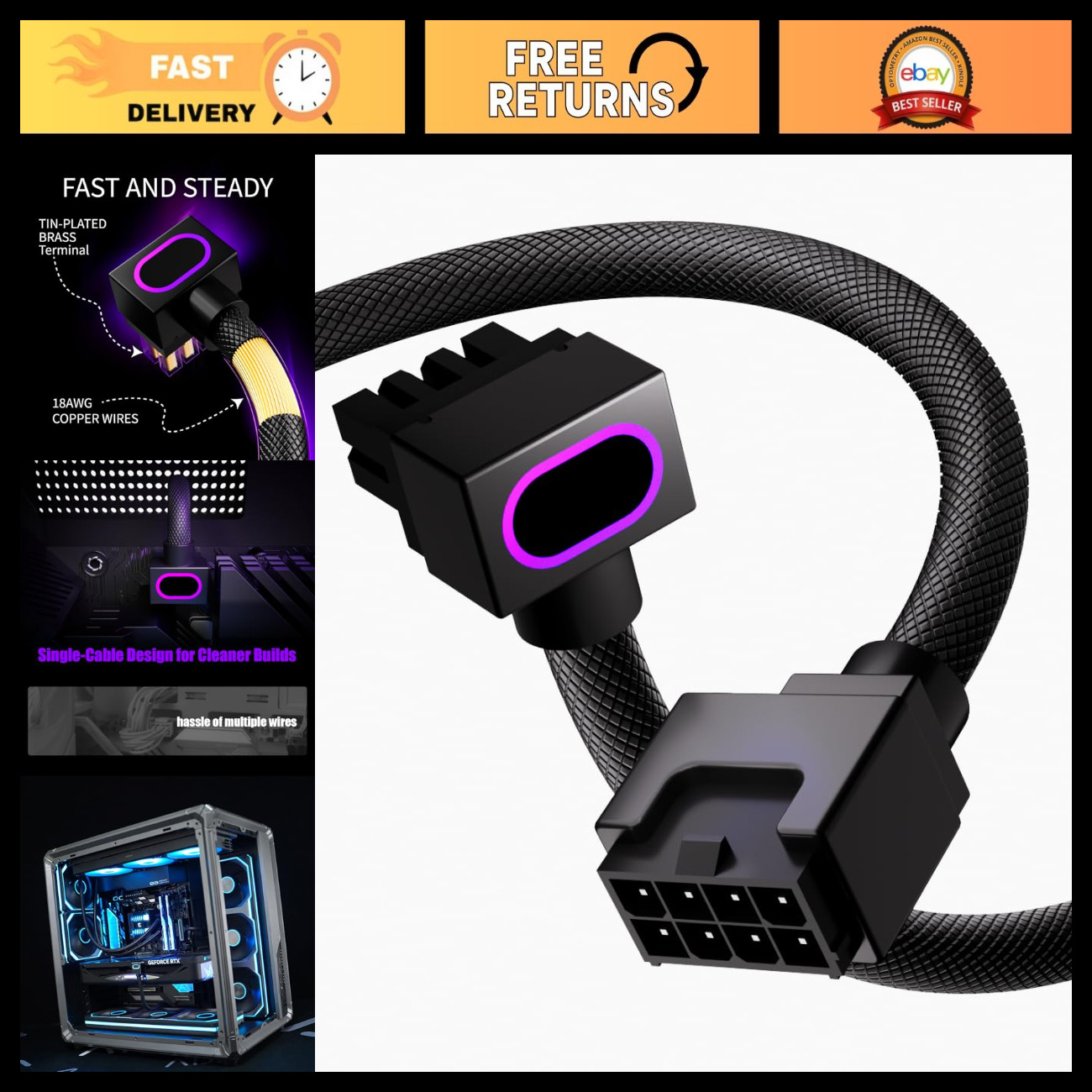 90° Right-Angle 8PIN PSU CPU Extension Cable, 5V ARGB 18AWG for Clean PC Builds