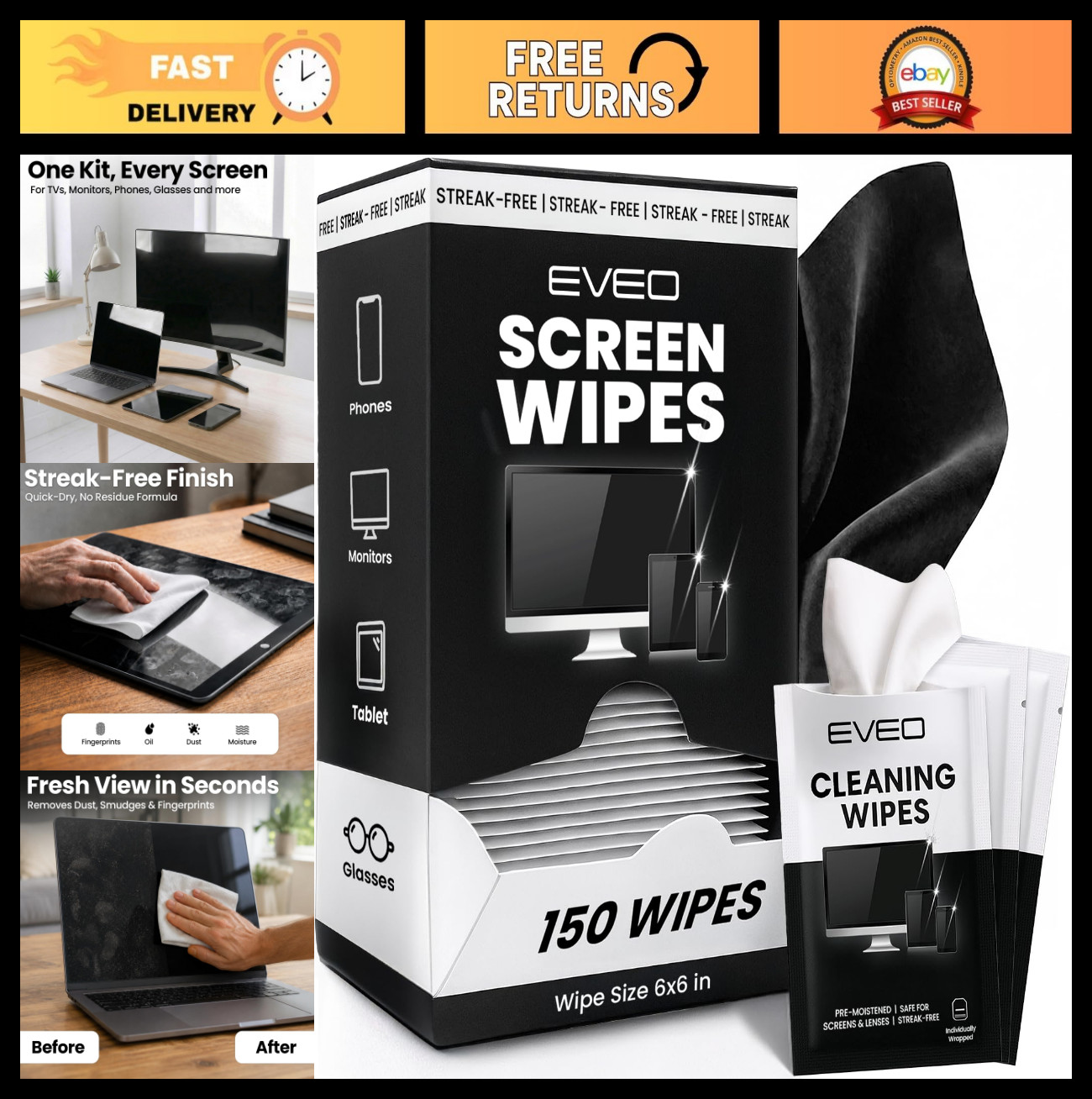 150 Pack Electronic Screen Wipes - Cleaner for PC, Laptop, Phone, Car & More - M