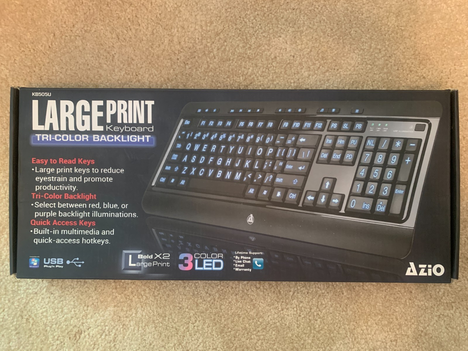Azio KB505U Large Print, Tri-Color Backlight, Black Wired Keyboard in Retail Box