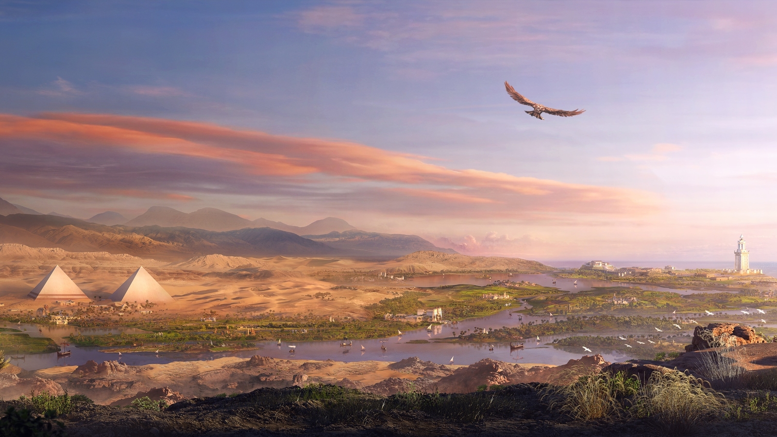 Landscape video games egypt eagle pyramid river Custom Gaming Mat Desk