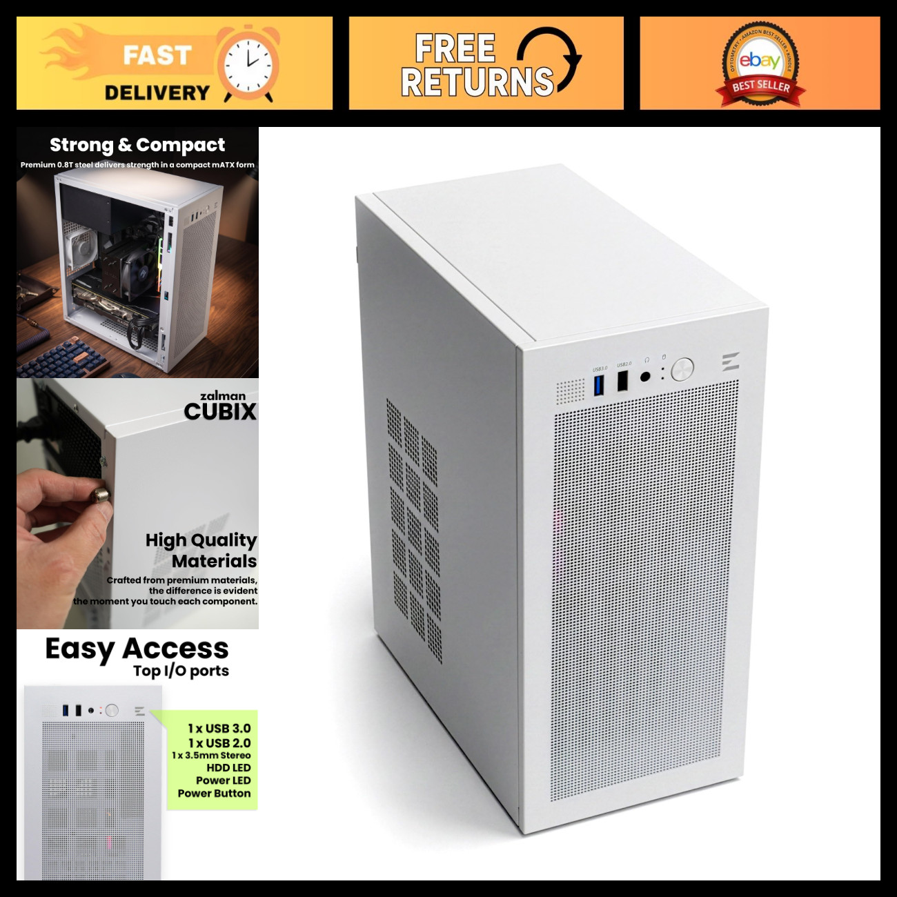 Compact Micro-ATX Mini ITX PC Case with 80mm Fan - White, Ideal for Gaming & Bui