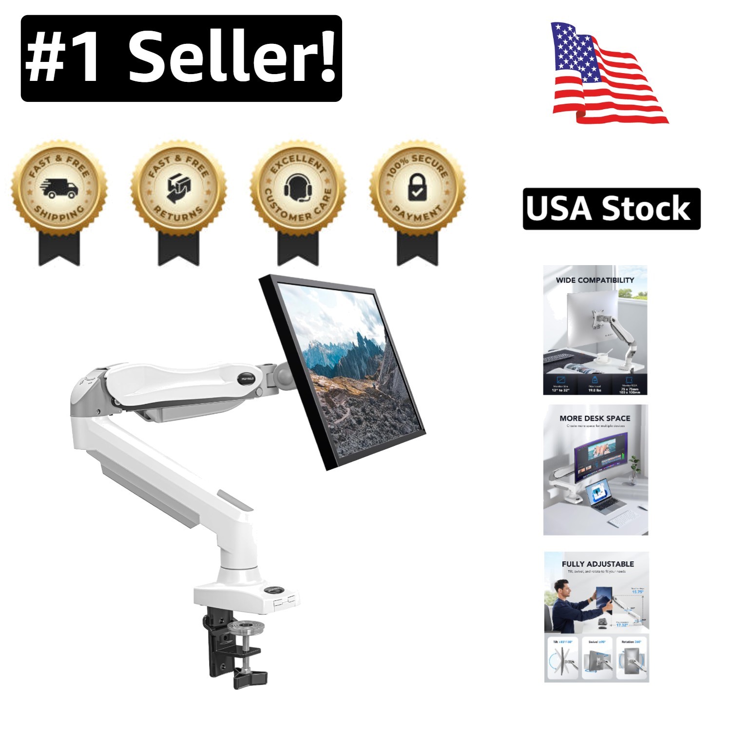 Gas Spring Monitor Mount for 13-32 Inch Screens - Elegant Adjustable Arm