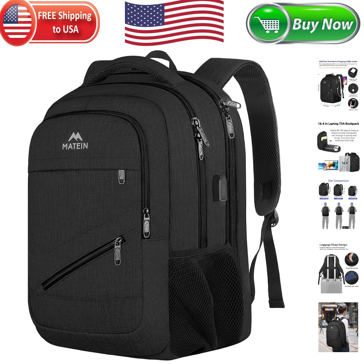 Extra Large 18.4 Inch Black Backpack with USB Charging & Multiple Compartments