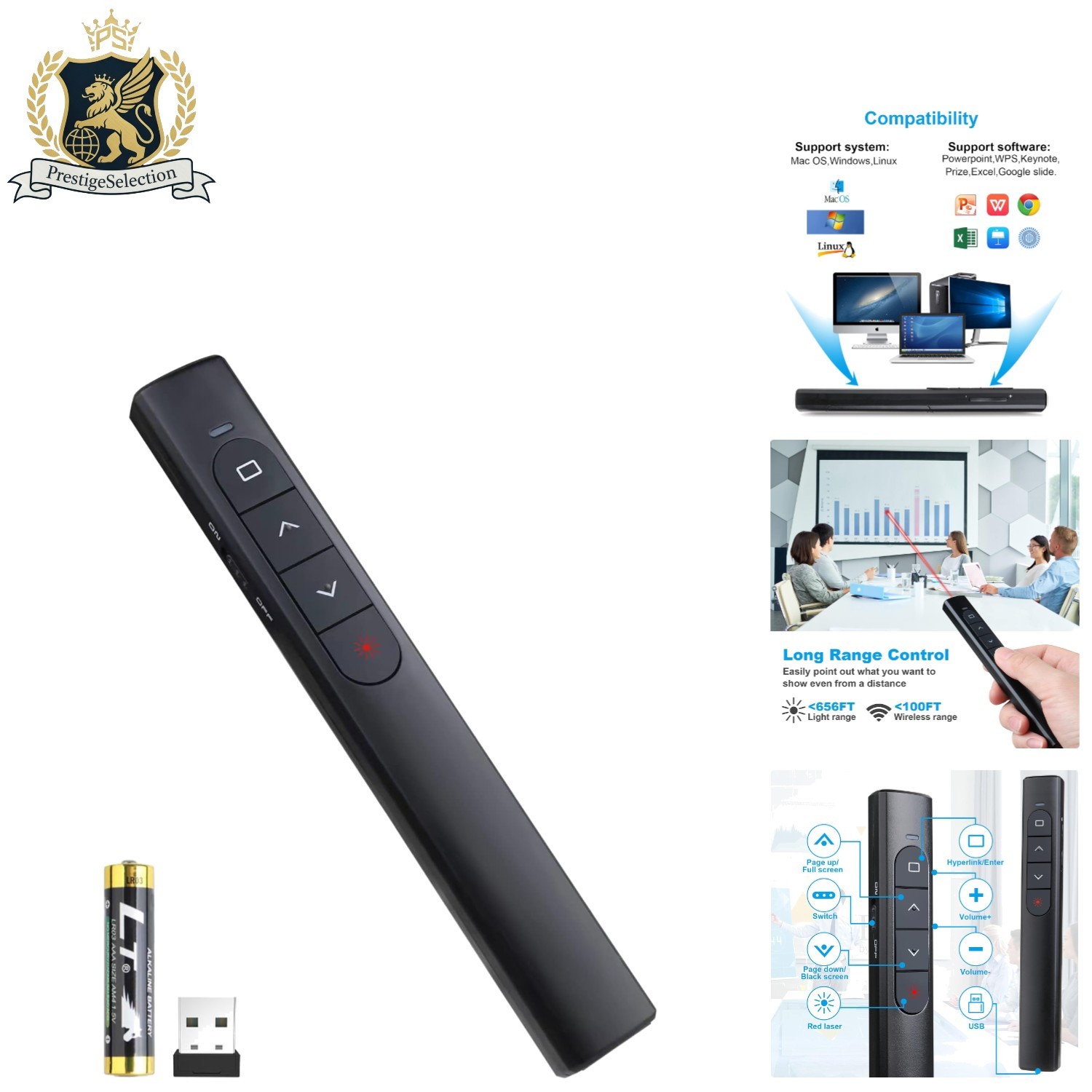 Wireless Presenter Remote with Bright Red Laser Pointer & Volume Control - 100M