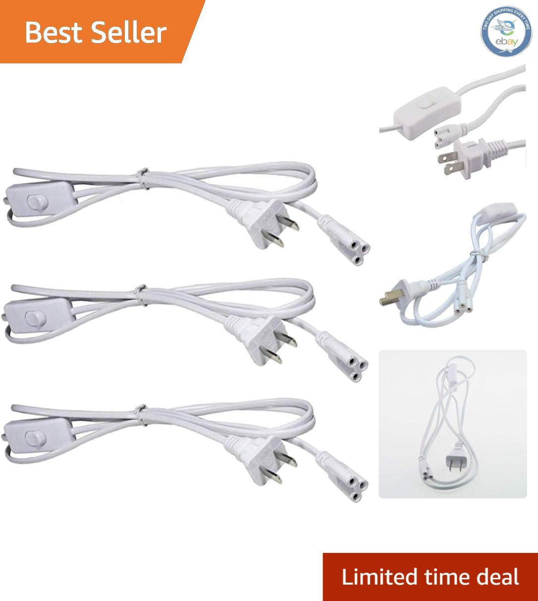 Flexible 3-Pack 6FT T5/T8 LED Power Extension Cables - Built-in ON/OFF Switch