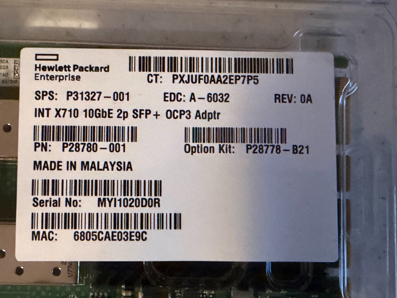 HPE Intel X710-DA2 10Gb 2-Port SFP+ OCP3 Adapter P28778-B21 P31327-001