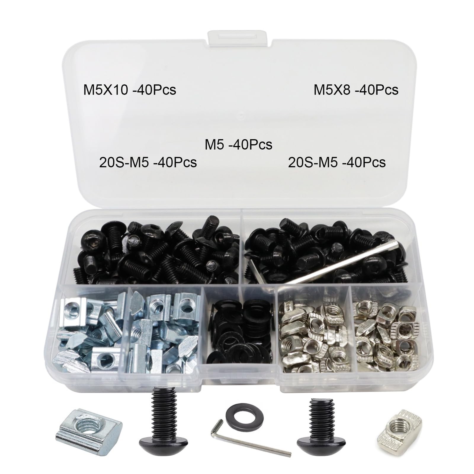 FORRCKY 200Pcs 2020 Aluminum Extrusion Hardware M5x8 M5x10 M5 washer, Black 