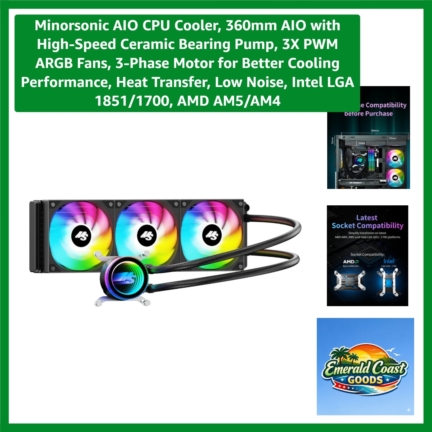 AIO CPU Cooler, 360mm AIO with High-Speed Ceramic Bearing Pump, 3X PWM ARGB F...