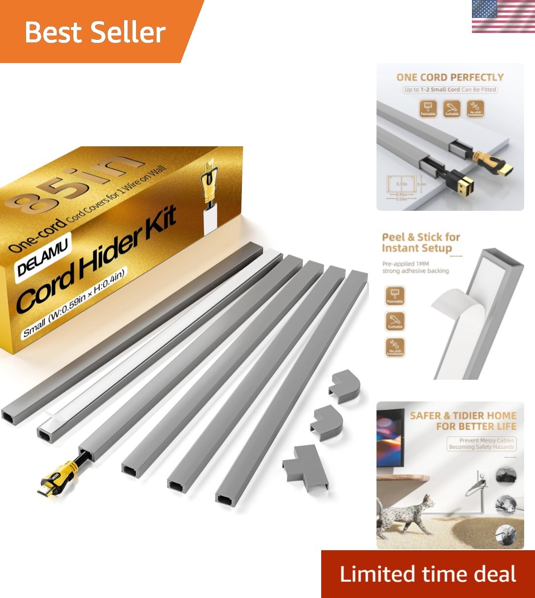 Paintable 85in Cord Cover for Wires - Safe, Durable, and Stylish Gray Solution