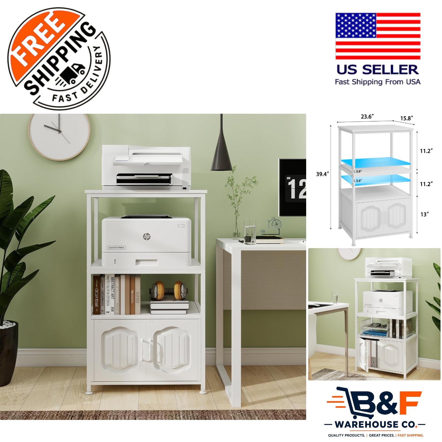 4-Tier White Printer Stand with Adjustable Open Shelves for Elegant Organization