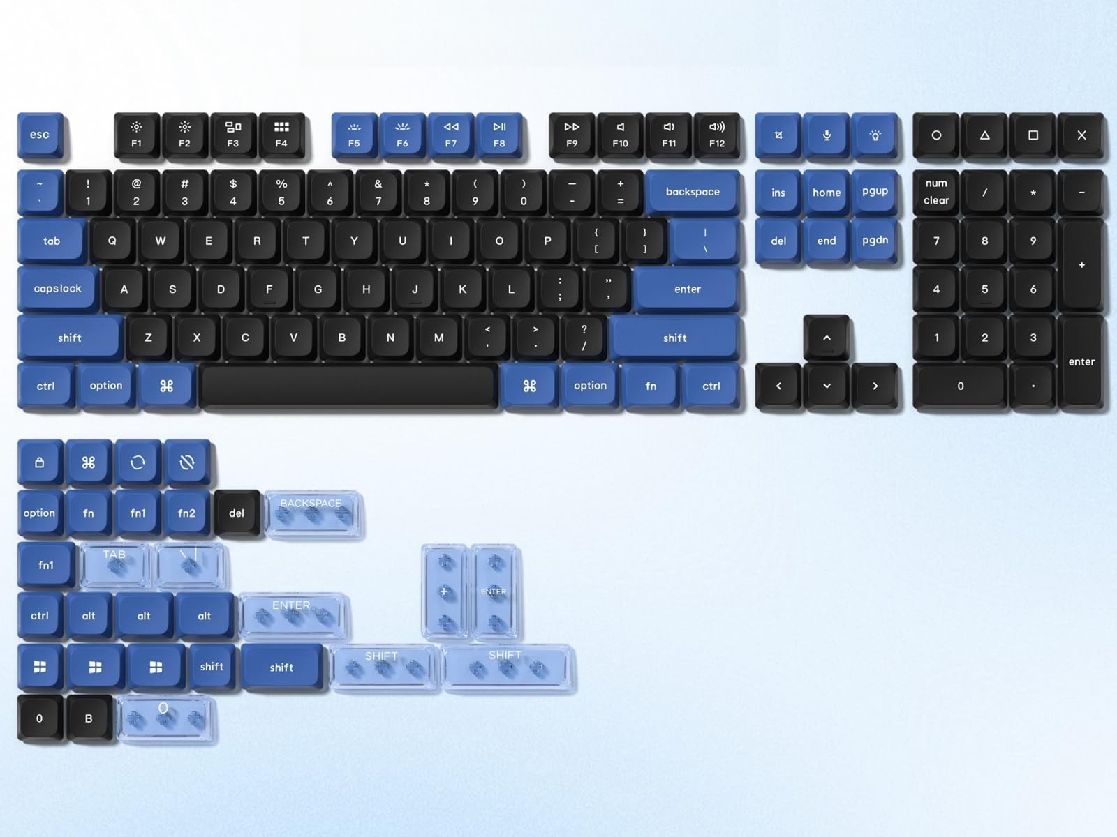 Low Profile Keycaps Double Shot PBT Blue/Black Set For 60/65/75/96/100 Board